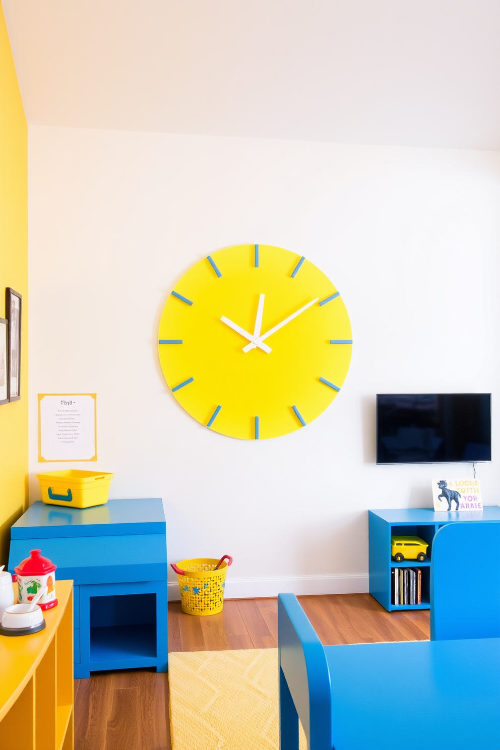 Bright yellow clock as a functional decor piece. The clock is oversized and features a sleek modern design, placed prominently on a white wall in the playroom. The playroom is designed with vibrant colors and playful elements. Soft yellow walls complement bright blue furniture, creating an inviting and cheerful atmosphere for children.