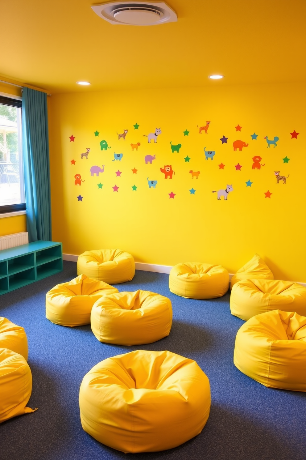 A vibrant playroom filled with yellow bean bags scattered around for playful seating. The walls are painted in a cheerful pastel yellow, complemented by colorful wall decals of animals and shapes.