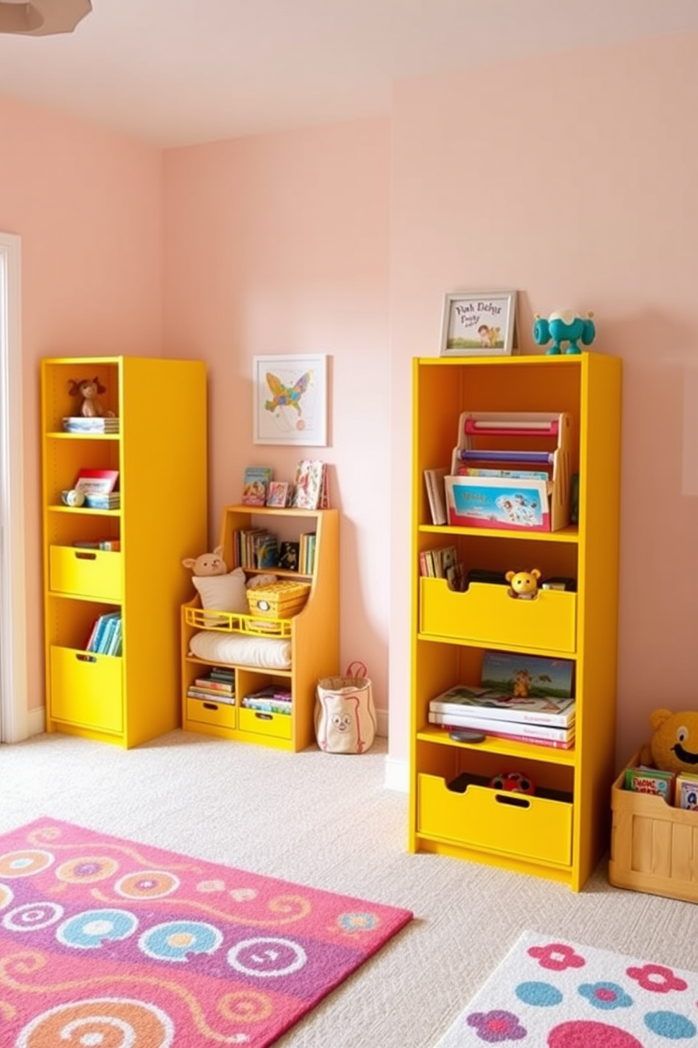 A cheerful playroom designed for children, featuring vibrant yellow toy organizers that provide easy access to toys and games. The walls are painted in a soft pastel hue, creating a warm and inviting atmosphere for play and creativity. The room includes a cozy reading nook with plush cushions and a small bookshelf filled with colorful storybooks. Brightly patterned rugs cover the floor, adding a playful touch to the overall design.