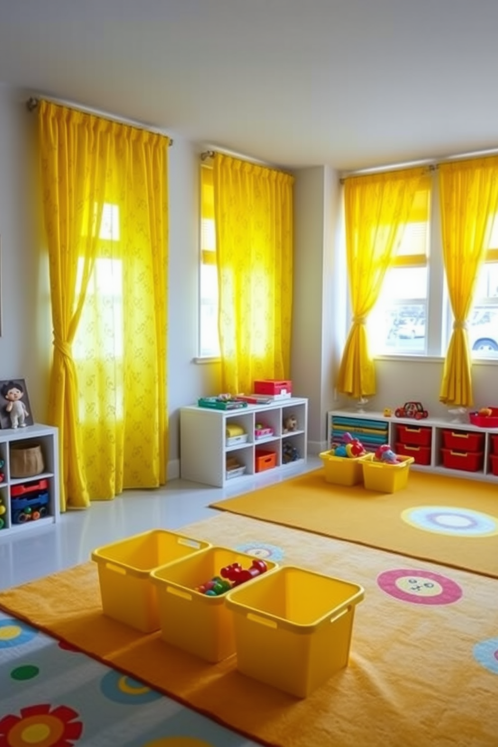 A bright and inviting playroom filled with cheerful yellow curtains adorned with playful patterns. The space features soft, colorful rugs and a variety of toys neatly organized in vibrant bins.