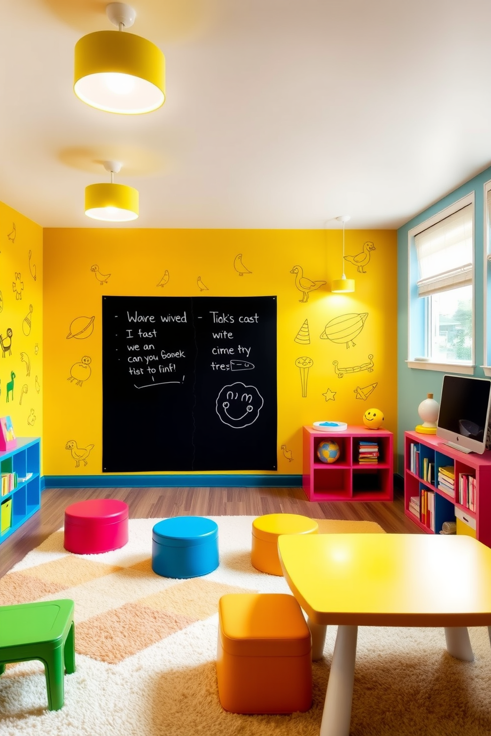 A vibrant yellow chalkboard wall creates an engaging space for creativity and expression. The wall is filled with colorful drawings and notes, inviting playful interaction. The playroom features soft, plush rugs in various shades of yellow to complement the chalkboard wall. Brightly colored storage bins are neatly arranged, providing a fun and organized area for toys and art supplies.