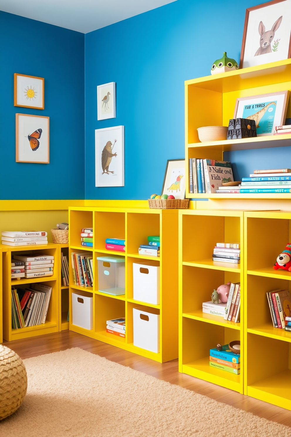 A bright and cheerful playroom filled with playful yellow storage bins arranged neatly along the walls. The bins are labeled and filled with toys, creating an organized yet fun atmosphere for children to enjoy.