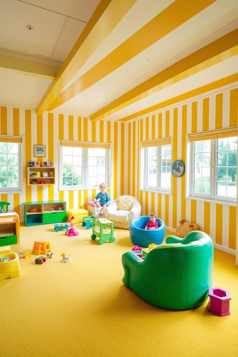 A bright and cheerful playroom featuring yellow and white striped wallpaper that creates a lively atmosphere. The room is filled with colorful toys and comfortable seating, inviting children to play and explore. The flooring is a soft, durable carpet in a complementary shade of yellow, providing a cozy area for play. Large windows allow natural light to flood the space, enhancing the playful ambiance and showcasing the vibrant decor.