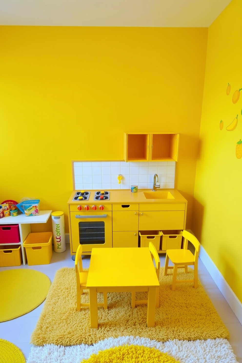 A vibrant playroom filled with yellow furniture pieces creates an inviting and cheerful atmosphere. The room features a large yellow sofa paired with colorful cushions and a playful rug that adds warmth to the space. Bright yellow bookshelves line the walls, showcasing an array of toys and books for easy access. Large windows allow natural light to flood the room, enhancing the lively color scheme and making it feel even more spacious.