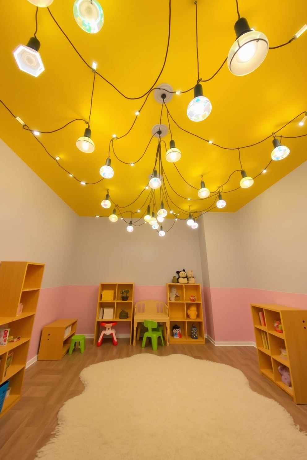 A playful playroom with a bright yellow ceiling adorned with whimsical hanging lights that create a cheerful atmosphere. The walls are painted in soft pastel colors, and the floor is covered with a soft area rug for comfort and safety.