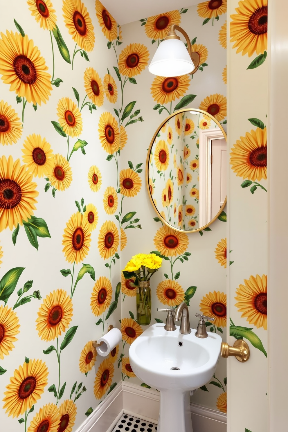 Bright sunflower wallpaper adorns the walls of a cozy powder room, creating a cheerful and vibrant atmosphere. The space features a sleek white pedestal sink and a round mirror with a gold rim, enhancing the sunny theme.