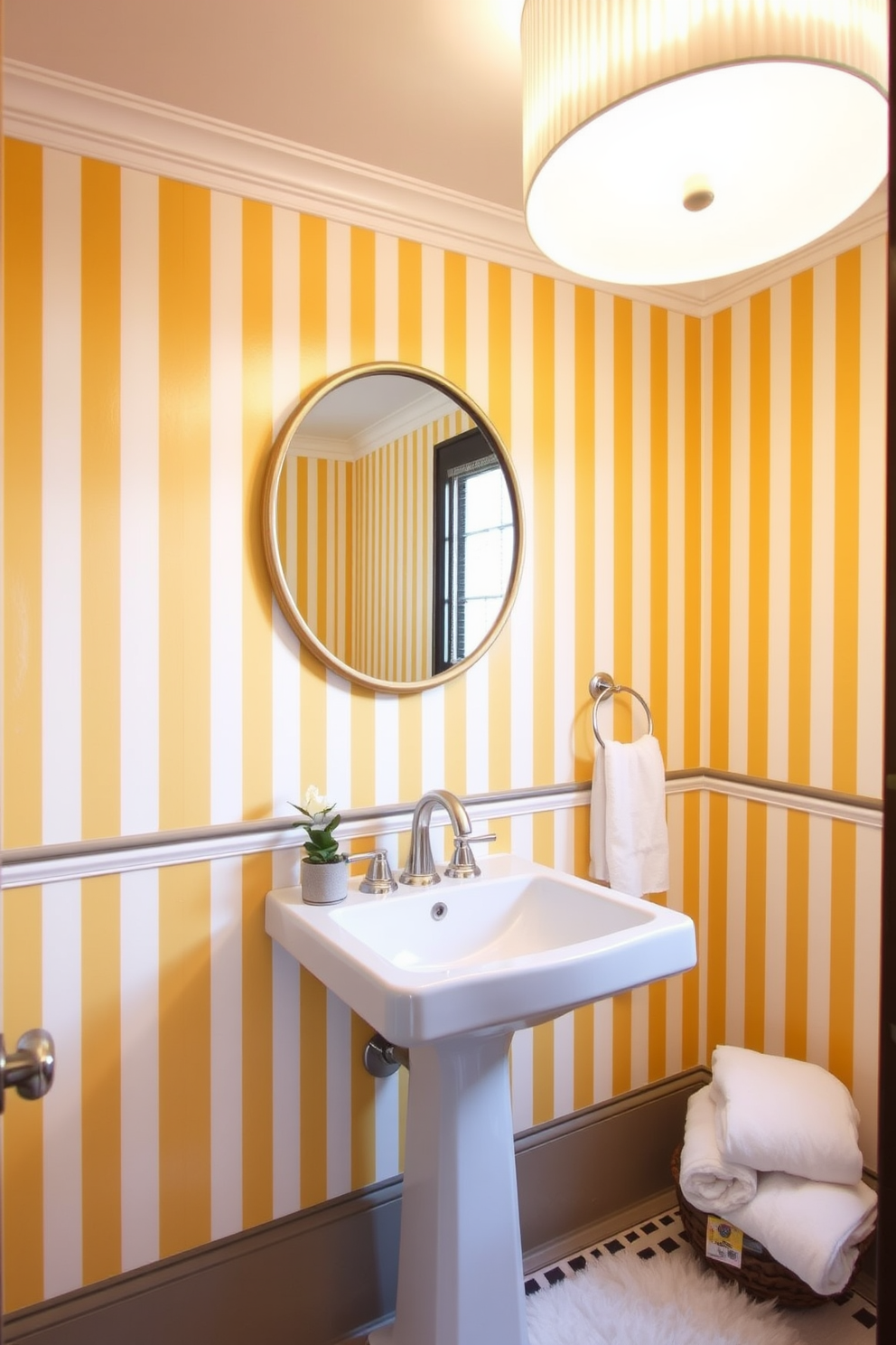 Elegant yellow and white striped wallpaper adorns the walls of a chic powder room. The space features a sleek white pedestal sink with a polished chrome faucet, complemented by a round mirror framed in gold. A stylish light fixture hangs above, casting a warm glow over the room. Decorative accents include a small potted plant on the sink and a plush white towel neatly arranged nearby.