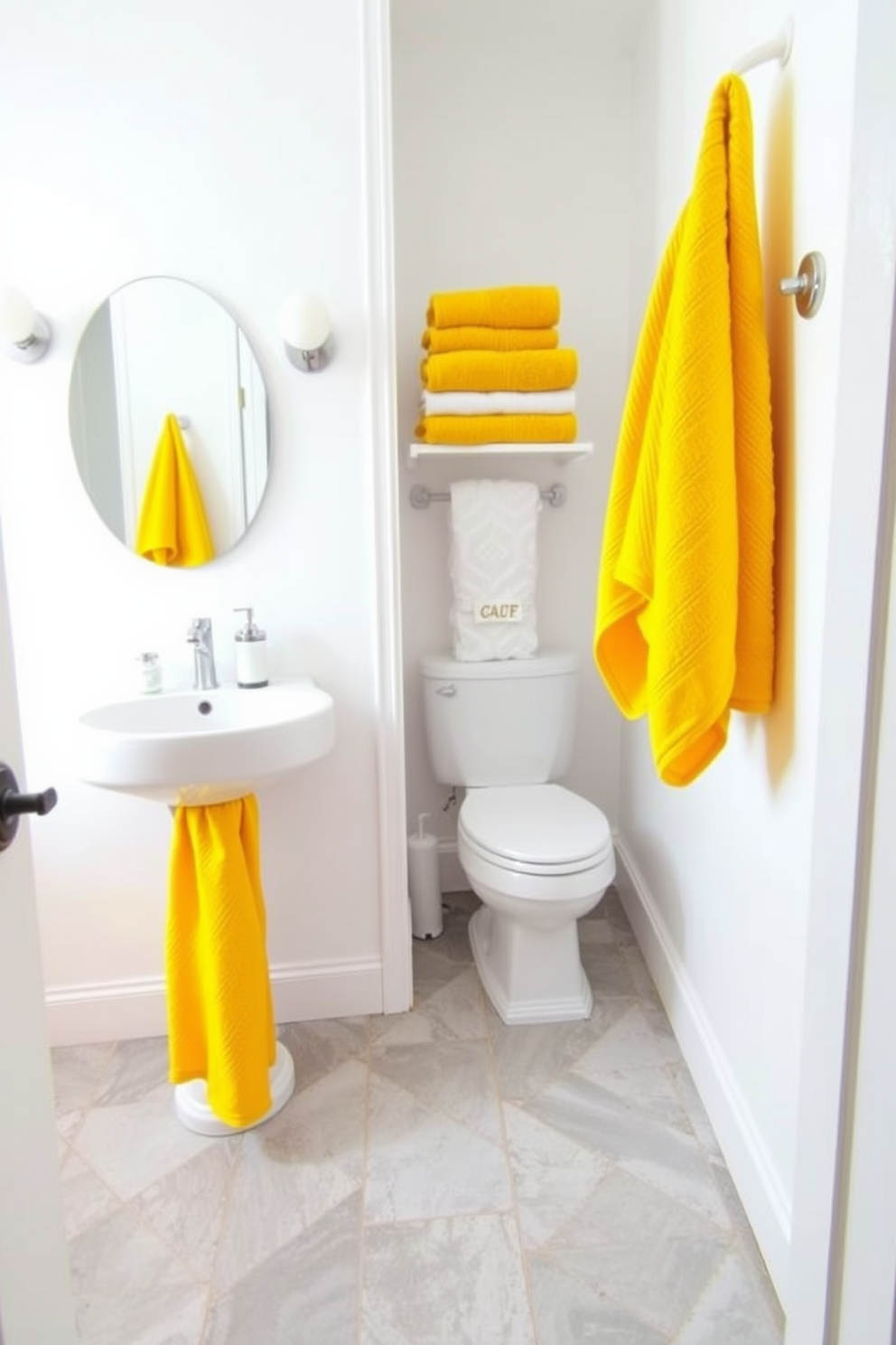 A bright and cheerful powder room featuring vibrant yellow towels that add a pop of color to the space. The walls are painted in a soft white, creating a fresh and airy atmosphere, while the floor is adorned with light gray tiles for a modern touch.