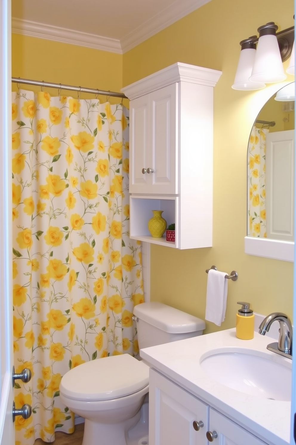 A bright and cheerful powder room featuring a yellow floral shower curtain that adds a fresh and vibrant touch. The space is accented with white cabinetry and a sleek vanity topped with a polished chrome faucet. The walls are painted in a soft pastel yellow, creating a warm and inviting atmosphere. Decorative elements include a small potted plant and matching yellow accessories that enhance the overall design.