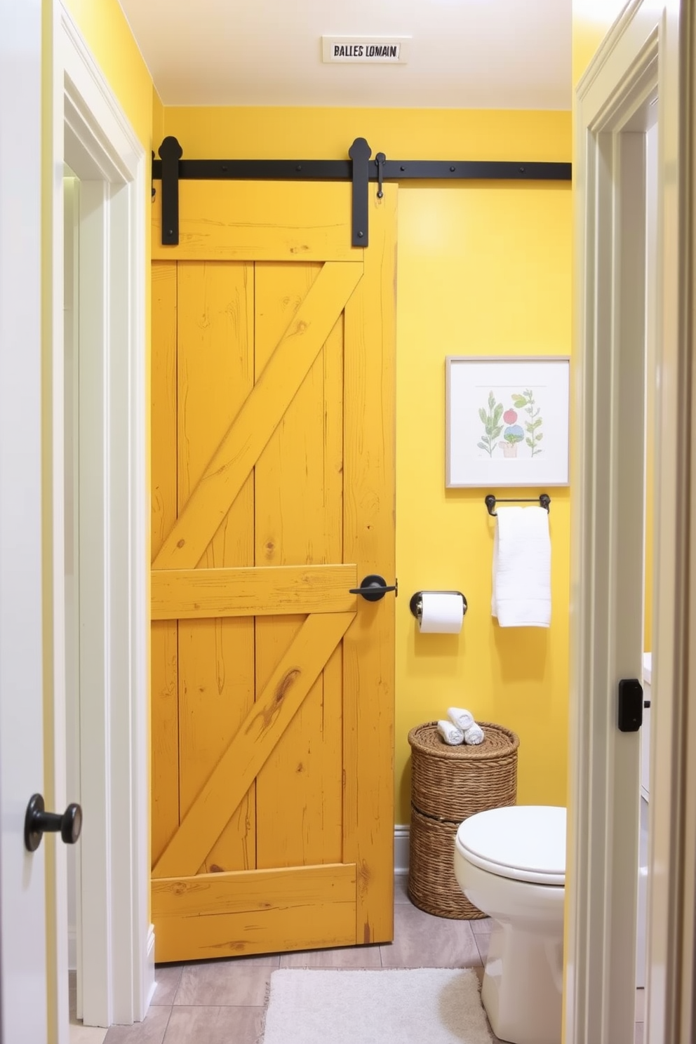 A rustic yellow barn door adds a charming focal point to the space. The powder room features warm yellow walls that create a cozy and inviting atmosphere.