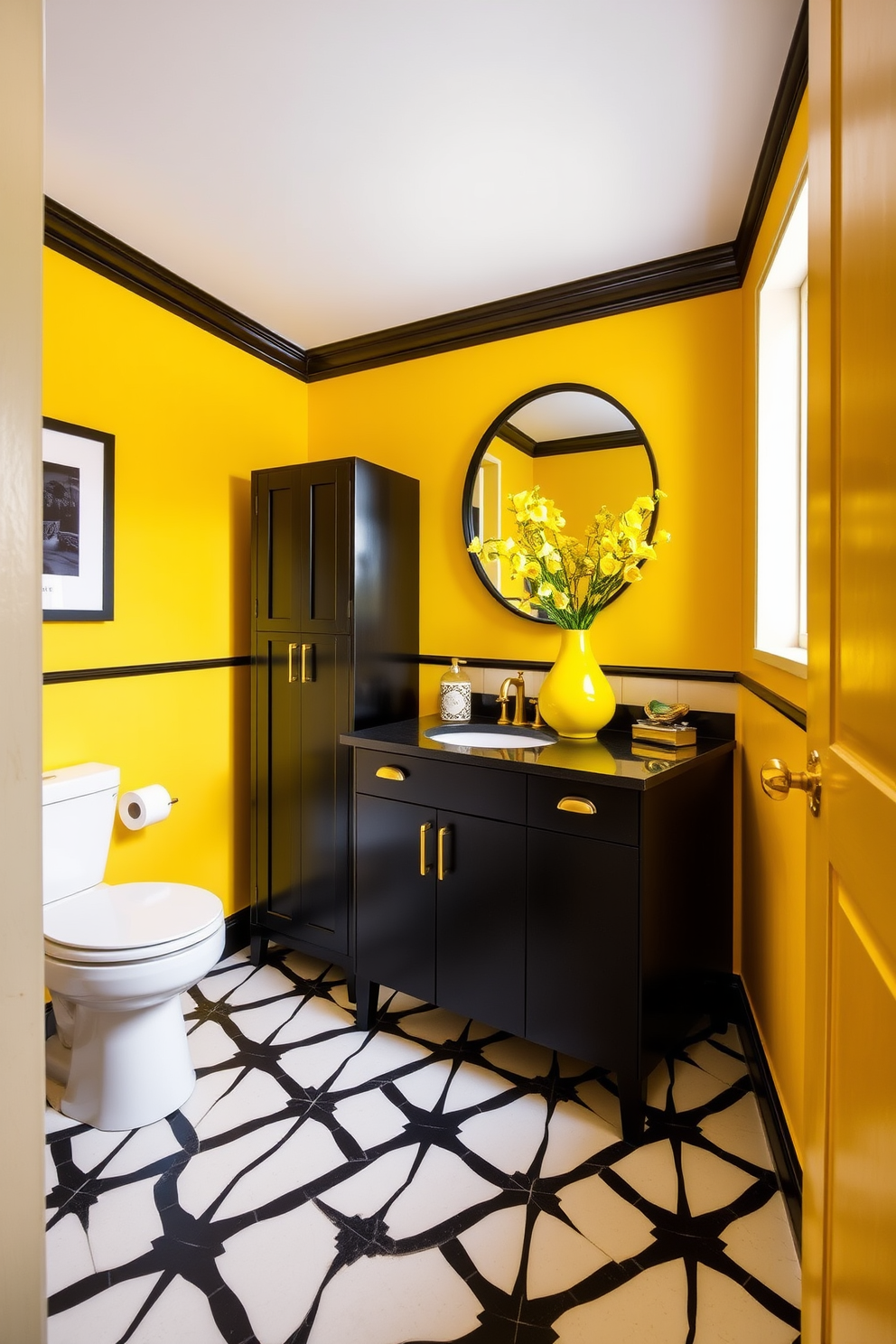 A striking yellow and black powder room features bold yellow walls that create a vibrant atmosphere. The black accents include a sleek vanity with a black countertop and gold fixtures, complemented by a round mirror with a black frame. The floor showcases a geometric black and white tile pattern that adds visual interest. A stylish black cabinet provides storage while a yellow vase with fresh flowers sits on the vanity, enhancing the room's dramatic flair.