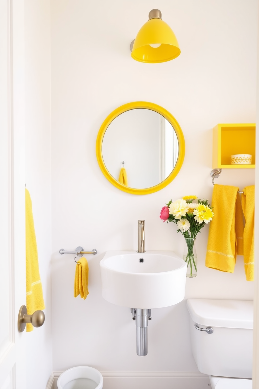 A playful powder room featuring lemon yellow accessories that bring a cheerful vibe. The walls are painted in a soft white, creating a bright backdrop for the vibrant yellow accents. A round mirror with a yellow frame hangs above a sleek white sink. The space includes yellow towels and a decorative vase filled with fresh flowers, adding a lively touch to the overall design.