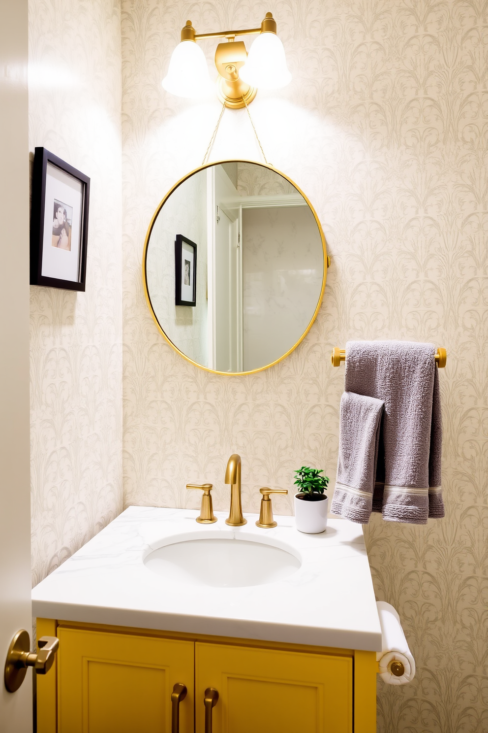 A charming powder room design featuring soft pastel yellow walls that create a warm and inviting atmosphere. The natural wood accents, including a sleek wooden vanity and floating shelves, add a touch of rustic elegance to the space.