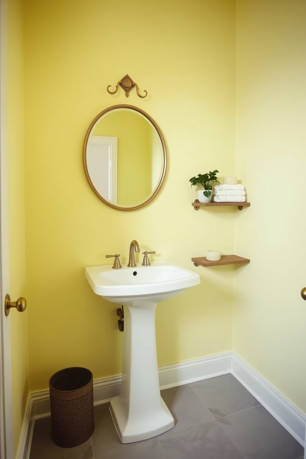 A serene powder room featuring soft pastel yellow walls that create a calming atmosphere. The space includes a sleek white pedestal sink and a round mirror with a delicate gold frame above it. To the side, a small wooden shelf displays neatly folded towels and a decorative plant. The floor is adorned with light gray tiles, adding a subtle contrast to the warm yellow tones.