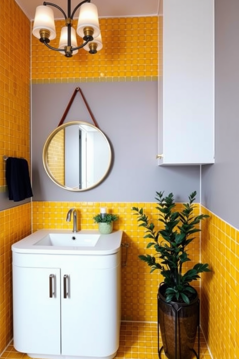 A vibrant powder room featuring yellow mosaic tiles that create a stunning visual impact. The walls are adorned with elegant fixtures and a sleek white vanity complements the cheerful tile work. The space is illuminated by stylish pendant lighting that enhances the warm tones of the yellow tiles. A round mirror with a gold frame adds a touch of sophistication, while fresh greenery brings life to the room.