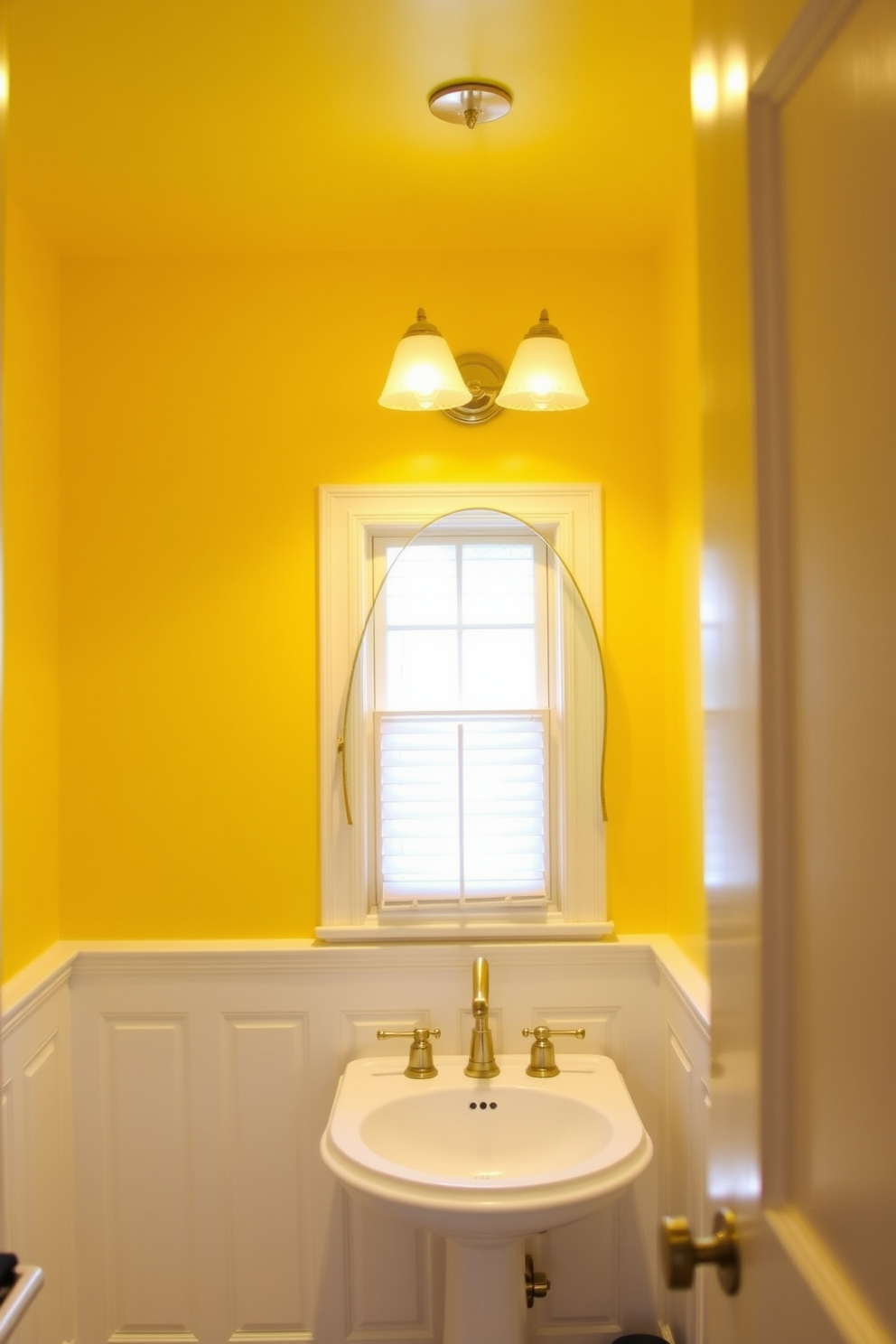 A bright yellow powder room features stylish light fixtures that illuminate the space with a warm glow. The walls are adorned with soft white wainscoting, and the ceiling is painted in a cheerful yellow hue to enhance the overall brightness.