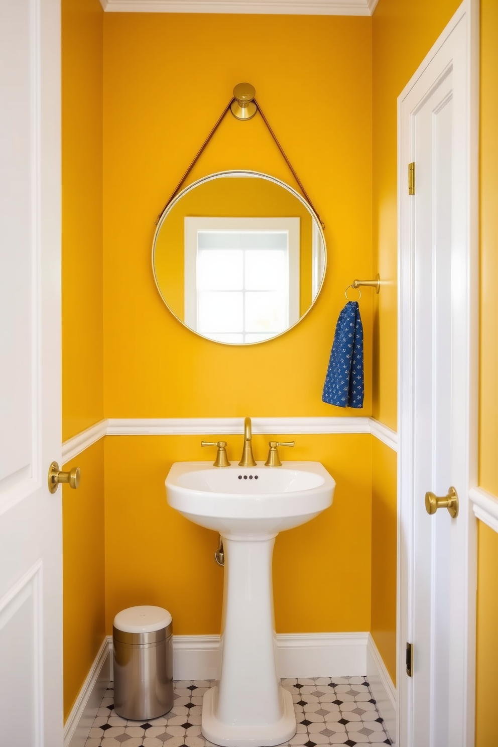 A vibrant mustard yellow accent wall sets the tone for this stylish powder room. The crisp white trim adds contrast, creating a bright and inviting atmosphere. The room features a sleek white pedestal sink paired with a modern gold faucet. A round mirror with a thin gold frame hangs above the sink, enhancing the room's elegant feel.