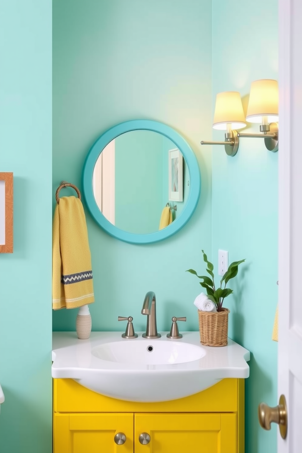 A vibrant powder room featuring yellow and turquoise accents creates a refreshing beachy vibe. The walls are painted a soft turquoise, while the cabinetry is a bright sunny yellow, complemented by nautical-themed decor. A round mirror with a turquoise frame hangs above a sleek white sink, reflecting the cheerful colors of the room. Decorative elements include a woven basket for towels and a small potted plant that adds a touch of greenery.