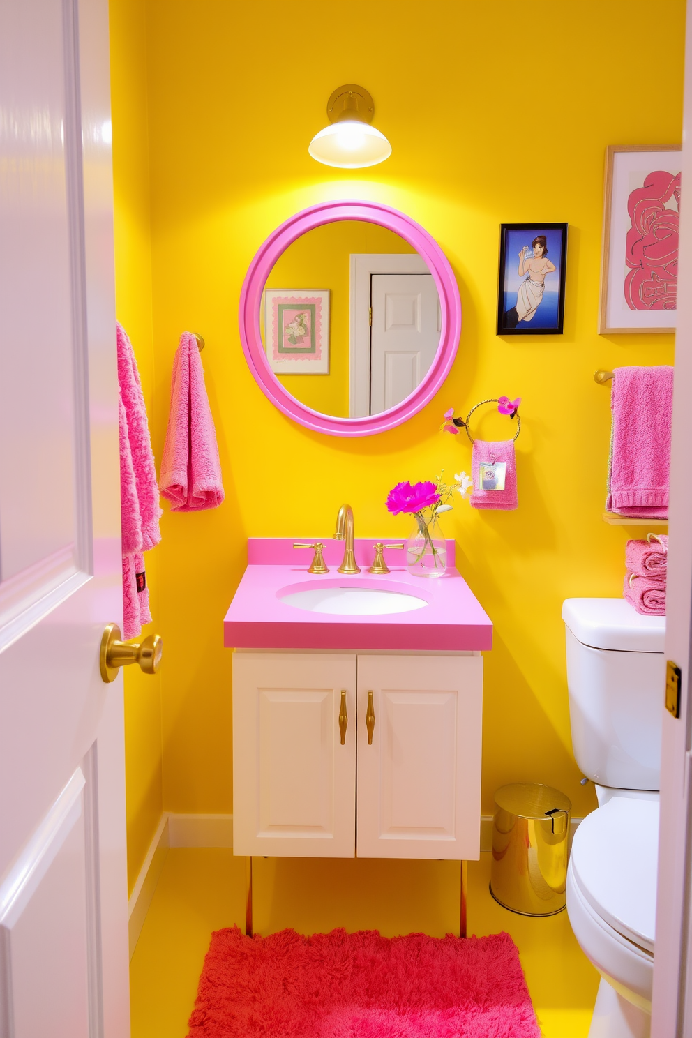 A playful yellow and pink powder room features vibrant walls painted in a cheerful yellow hue. Accents of pink are incorporated through decorative elements like towels, a stylish rug, and artwork, creating a lively and inviting atmosphere. The vanity is a sleek design in white with a pink countertop, complemented by gold fixtures that add a touch of elegance. A round mirror with a pink frame hangs above the vanity, reflecting the playful color scheme throughout the space.