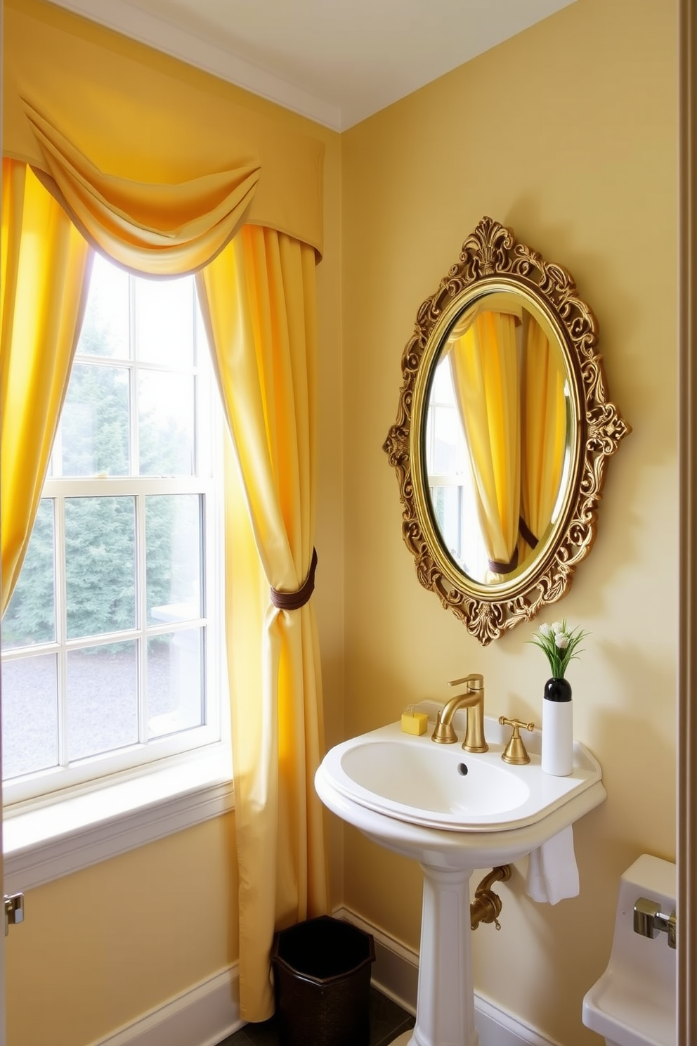 Elegant yellow drapes frame the windows, adding a soft touch to the space. The walls are painted in a warm cream color, complementing the vibrant drapes and enhancing the room's brightness. A stylish pedestal sink with a gold faucet sits against one wall, paired with a round mirror that features an ornate gold frame. Decorative accents, such as a small potted plant and chic hand towels, complete the inviting atmosphere of the powder room.