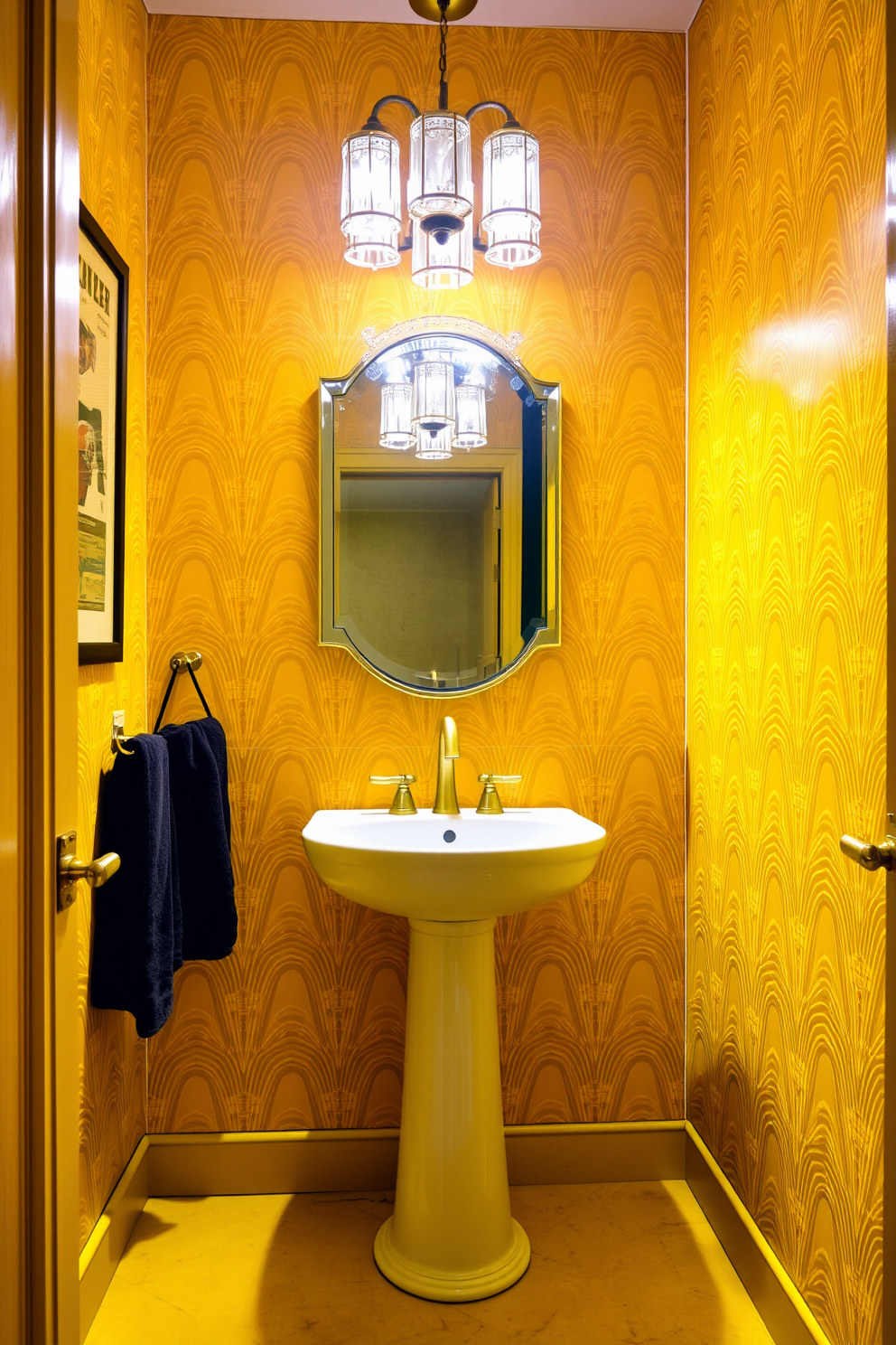 A vibrant powder room featuring bold yellow art deco elements. The walls are adorned with geometric patterns in various shades of yellow, creating a striking visual impact. A sleek pedestal sink with a gold faucet stands out against the yellow backdrop. Elegant lighting fixtures with art deco designs illuminate the space, enhancing the overall luxurious feel.