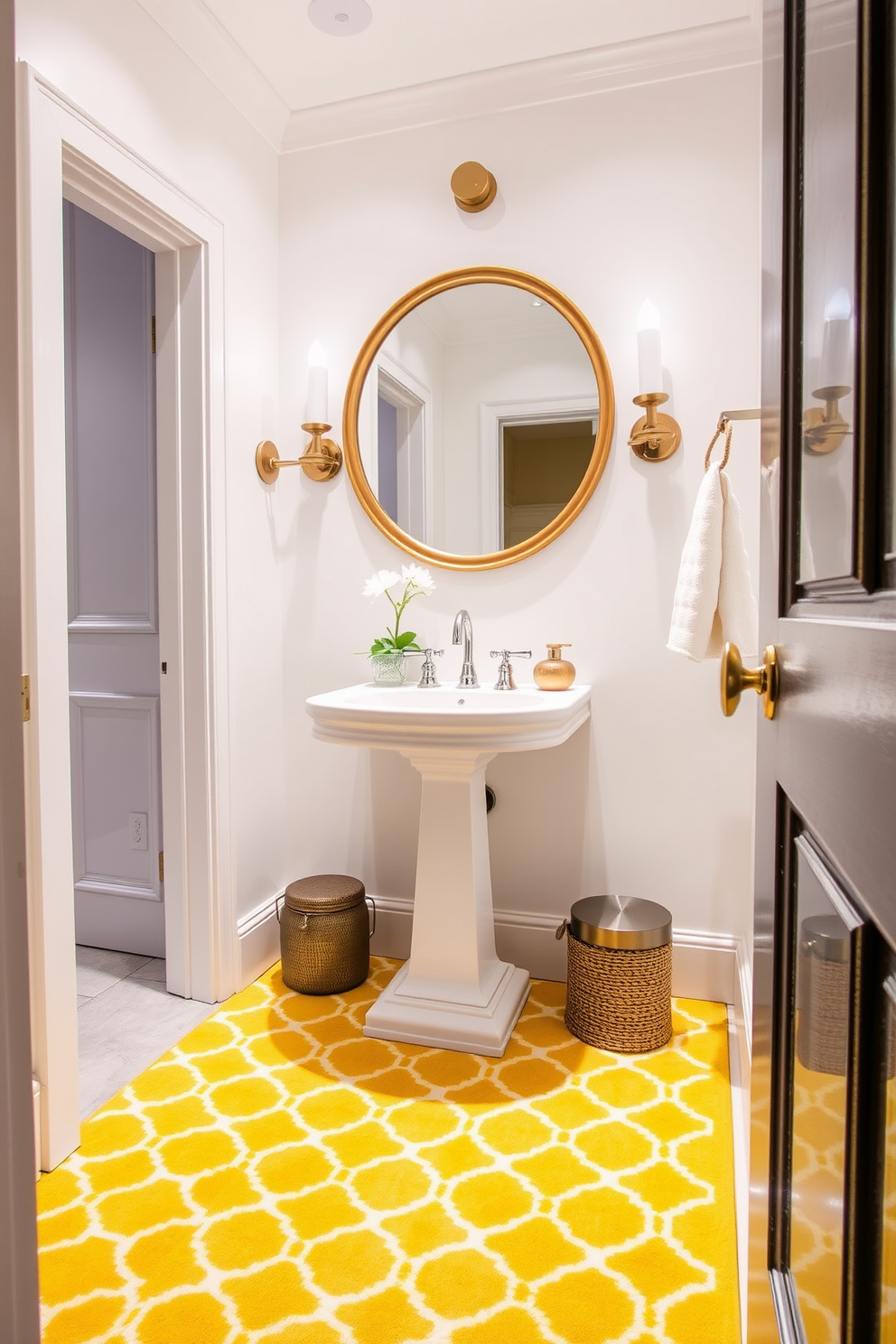 A bright and cheerful powder room featuring a yellow patterned rug that adds a pop of color and texture to the space. The walls are painted in a soft white, complemented by elegant fixtures and accessories that enhance the overall warmth and inviting atmosphere. Incorporate a stylish pedestal sink with a sleek chrome faucet, paired with a round mirror framed in gold. The lighting is soft and ambient, creating a cozy environment perfect for guests.