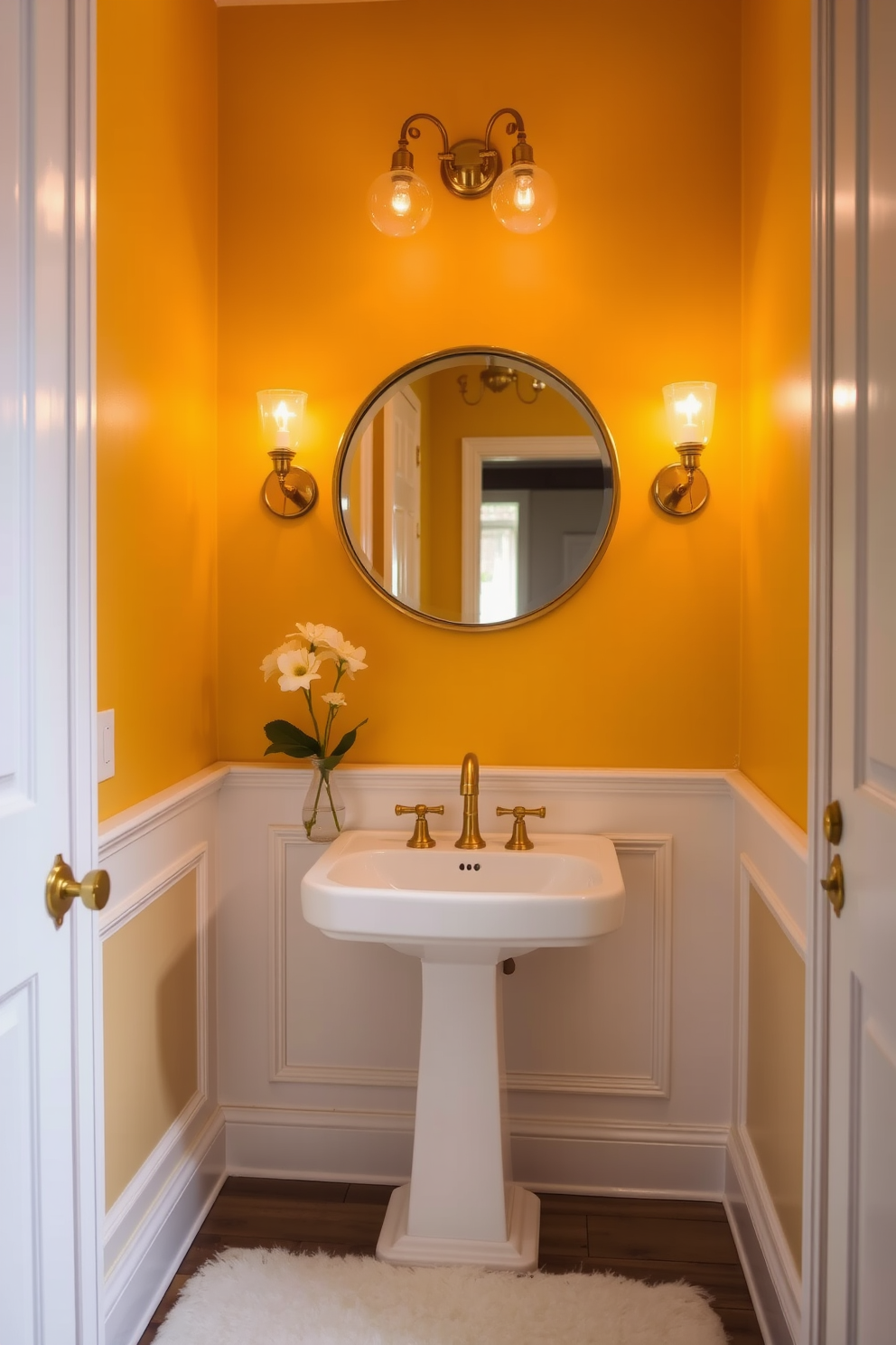 A soft butter yellow powder room features textured wall finishes that create a warm and inviting atmosphere. The space is accented with elegant fixtures, including a sleek pedestal sink and a stylish gold-framed mirror that enhances the overall brightness of the room. The floor is adorned with intricate mosaic tiles that complement the yellow tones, adding a touch of sophistication. Decorative elements such as a small potted plant and plush towels in coordinating colors bring the design together, creating a cohesive and charming look.