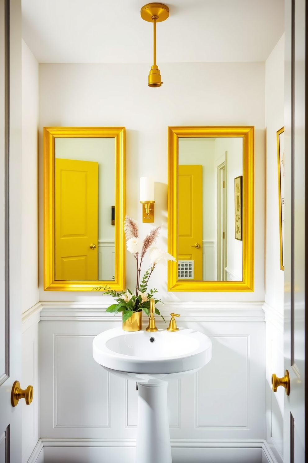 An elegant yellow powder room features soft yellow walls that create a warm and inviting atmosphere. Silver decor accents are strategically placed throughout the space, including a sleek silver-framed mirror and elegant light fixtures. The vanity is a chic white with silver hardware, topped with a polished marble surface. A stylish silver faucet complements the overall design, while decorative elements like a silver vase and yellow flowers add a touch of sophistication.