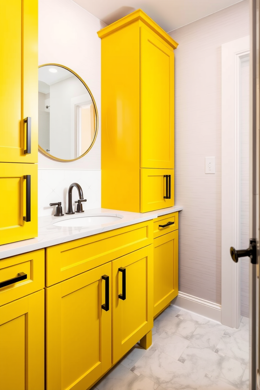 A bright and cheerful powder room featuring sunny yellow window treatments that enhance the natural light. The walls are painted in a soft white, creating a fresh backdrop for stylish fixtures and decor. Incorporate a sleek pedestal sink with a polished chrome faucet, complemented by a round mirror with a gold frame. Add playful accents like a patterned rug and vibrant artwork to complete the inviting atmosphere.