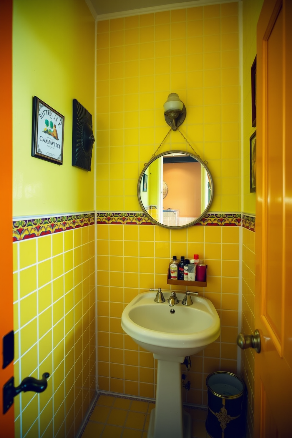 A charming powder room featuring vintage yellow tiles that create a warm and inviting atmosphere. The walls are adorned with retro-inspired decor, including a round mirror with a brass frame and a small wooden shelf displaying colorful toiletries.