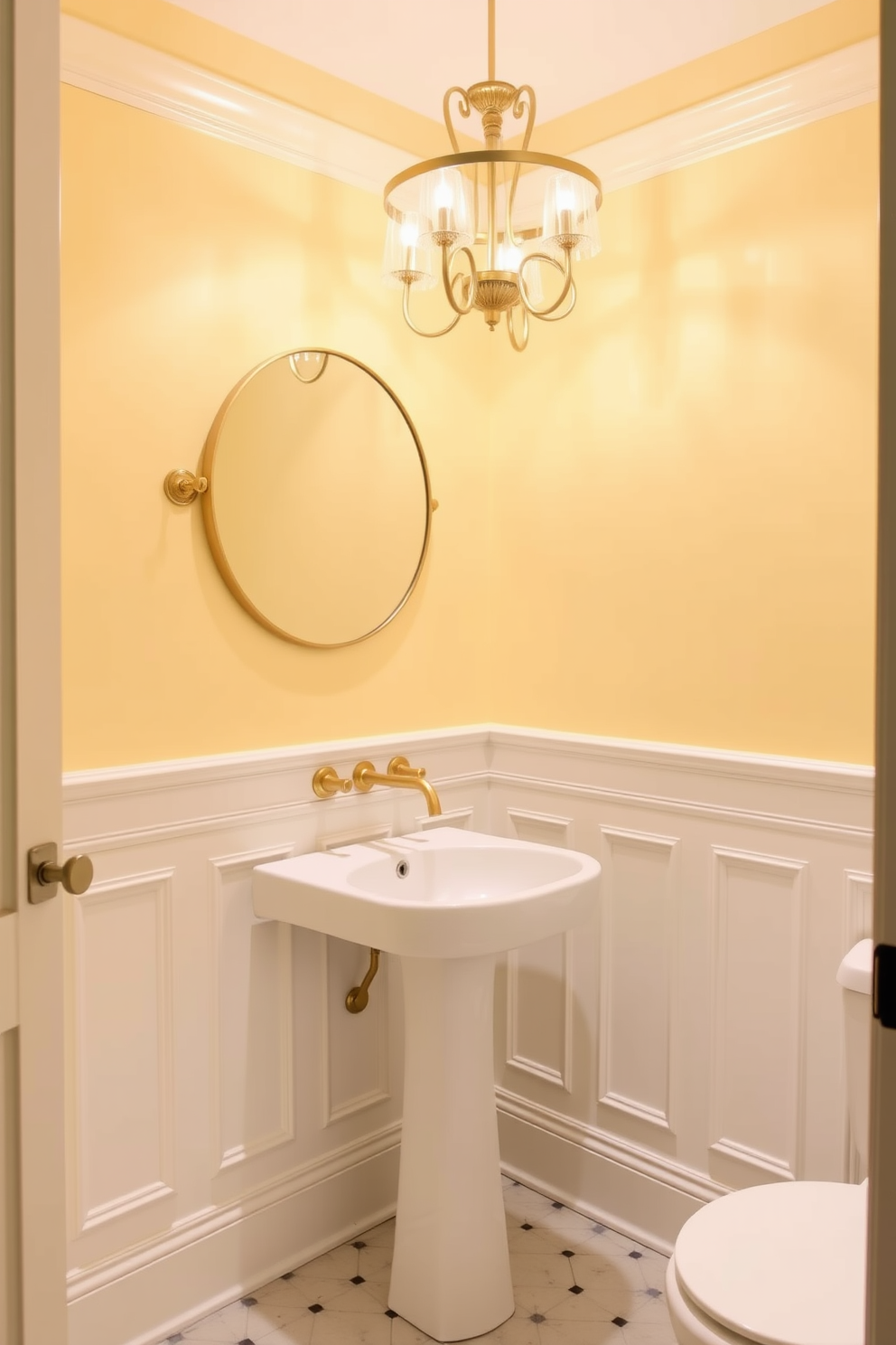 A serene powder room designed in soft lemon yellow creates a refreshing and inviting atmosphere. The walls are painted in a gentle lemon hue, complemented by elegant white wainscoting that adds a touch of sophistication. A sleek white pedestal sink sits against one wall, flanked by delicate gold fixtures that enhance the room's charm. A round mirror with a thin gold frame reflects the soft lighting from a stylish chandelier above, casting a warm glow throughout the space.