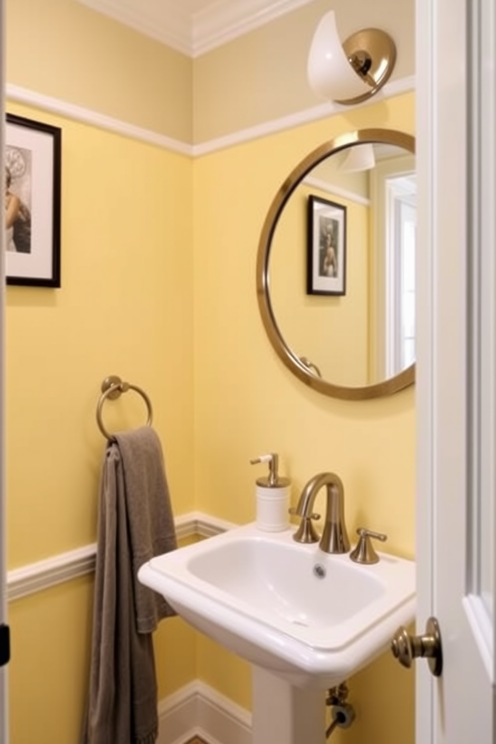 A charming powder room featuring soft buttery yellow walls complemented by elegant gray accents. The space includes a stylish pedestal sink and a round mirror framed in brushed nickel, creating a bright and inviting atmosphere.