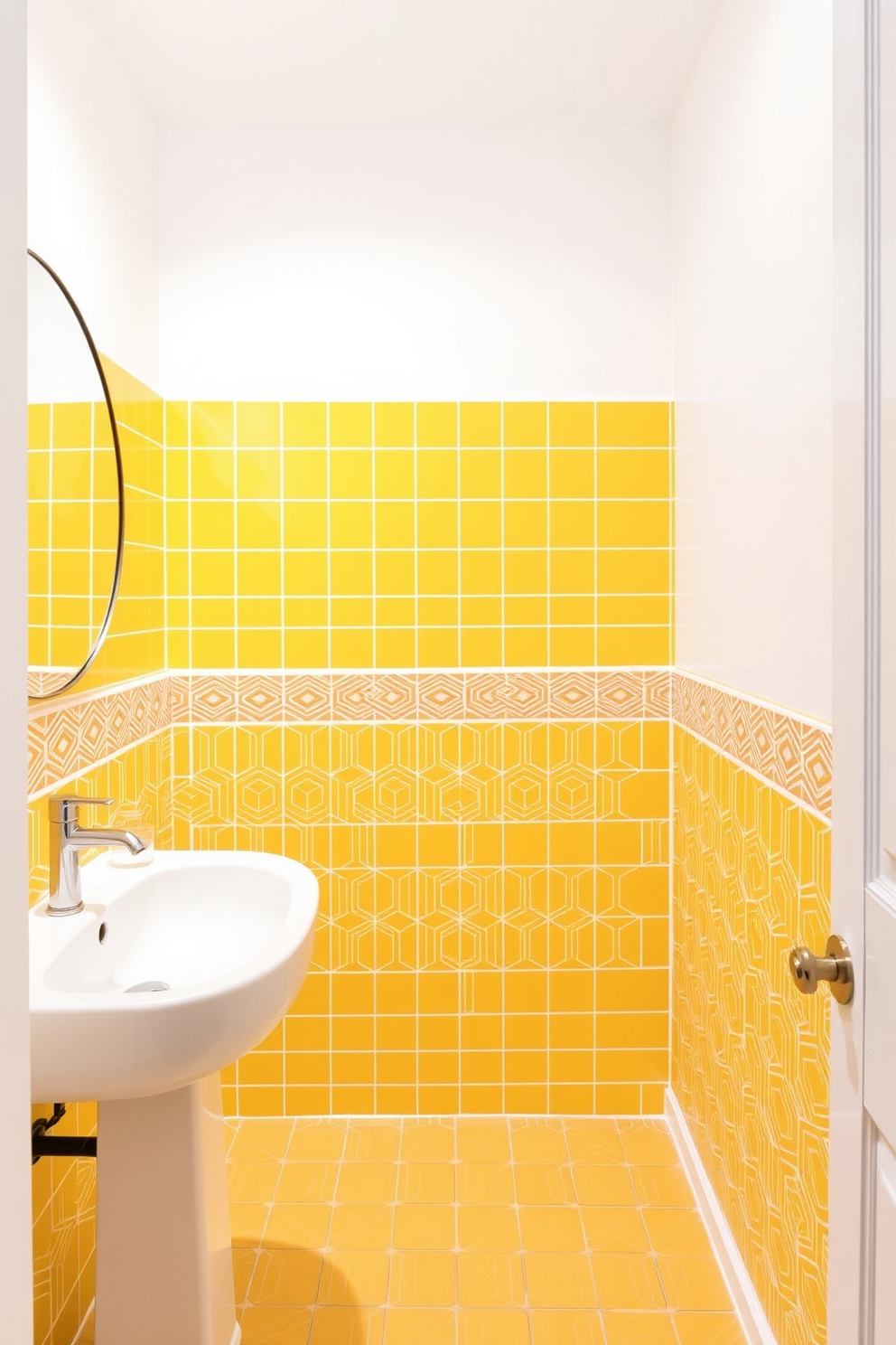 A chic powder room featuring yellow and gray geometric patterned tiles on the floor. The walls are painted a soft gray, creating a bright and inviting atmosphere with a stylish yellow vanity and a round mirror above it.