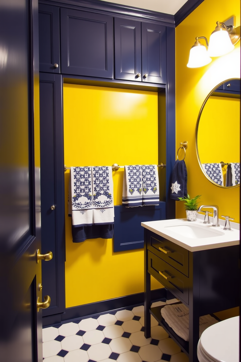 A stylish powder room featuring a striking yellow and navy color scheme. The walls are painted a bright yellow, while the cabinetry is a deep navy blue, creating a bold contrast. A sleek vanity with a white countertop sits against the wall, adorned with a modern round mirror framed in gold. Decorative elements include navy and white patterned towels and a small potted plant on the countertop for a touch of greenery.