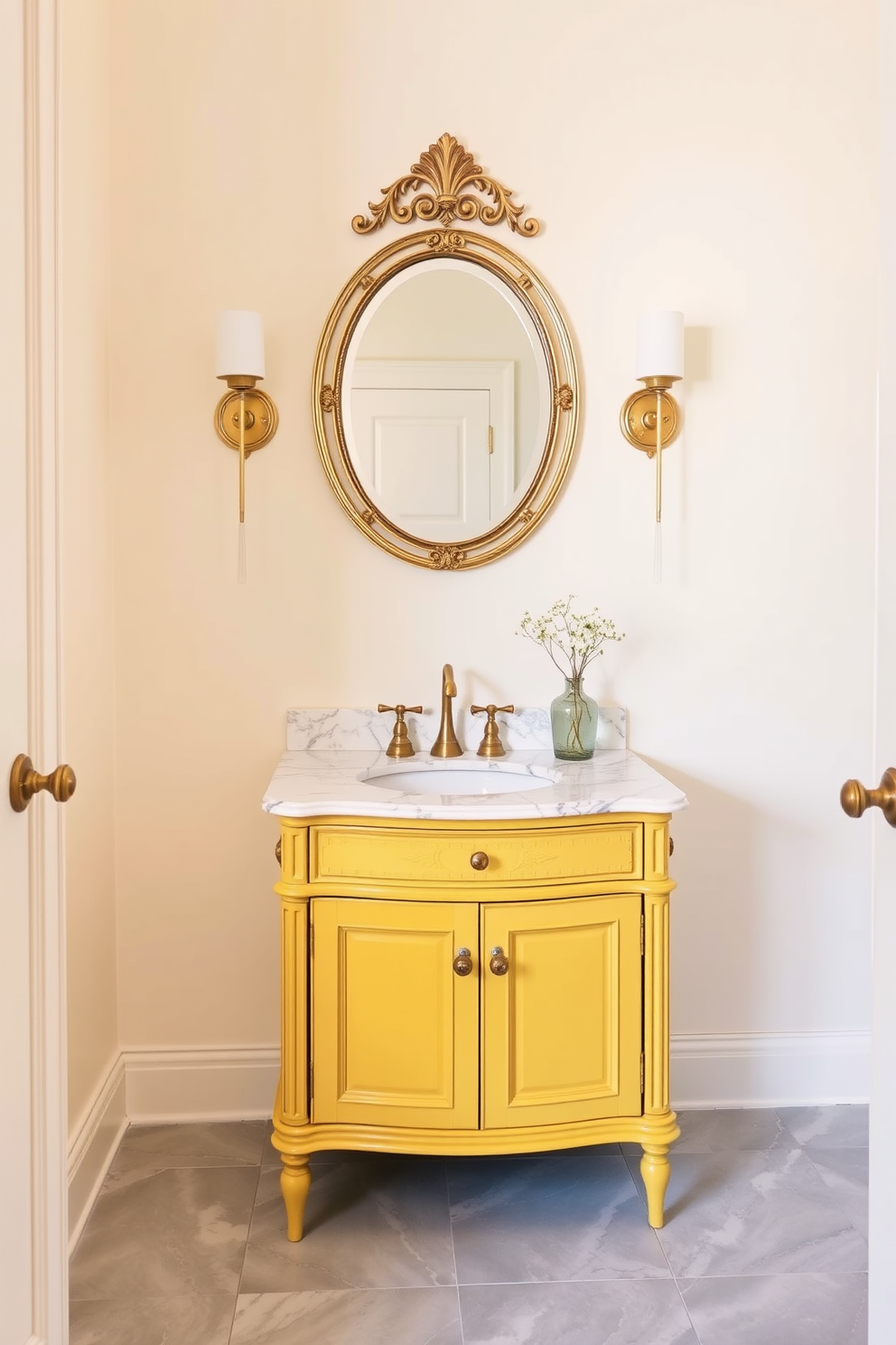 A charming yellow washstand with a polished marble top serves as the focal point of the powder room. The walls are painted in a soft cream color, creating a warm and inviting atmosphere. Delicate gold fixtures complement the washstand, while a round mirror with an ornate frame hangs above it. The floor is adorned with light gray tiles, enhancing the overall elegance of the space.