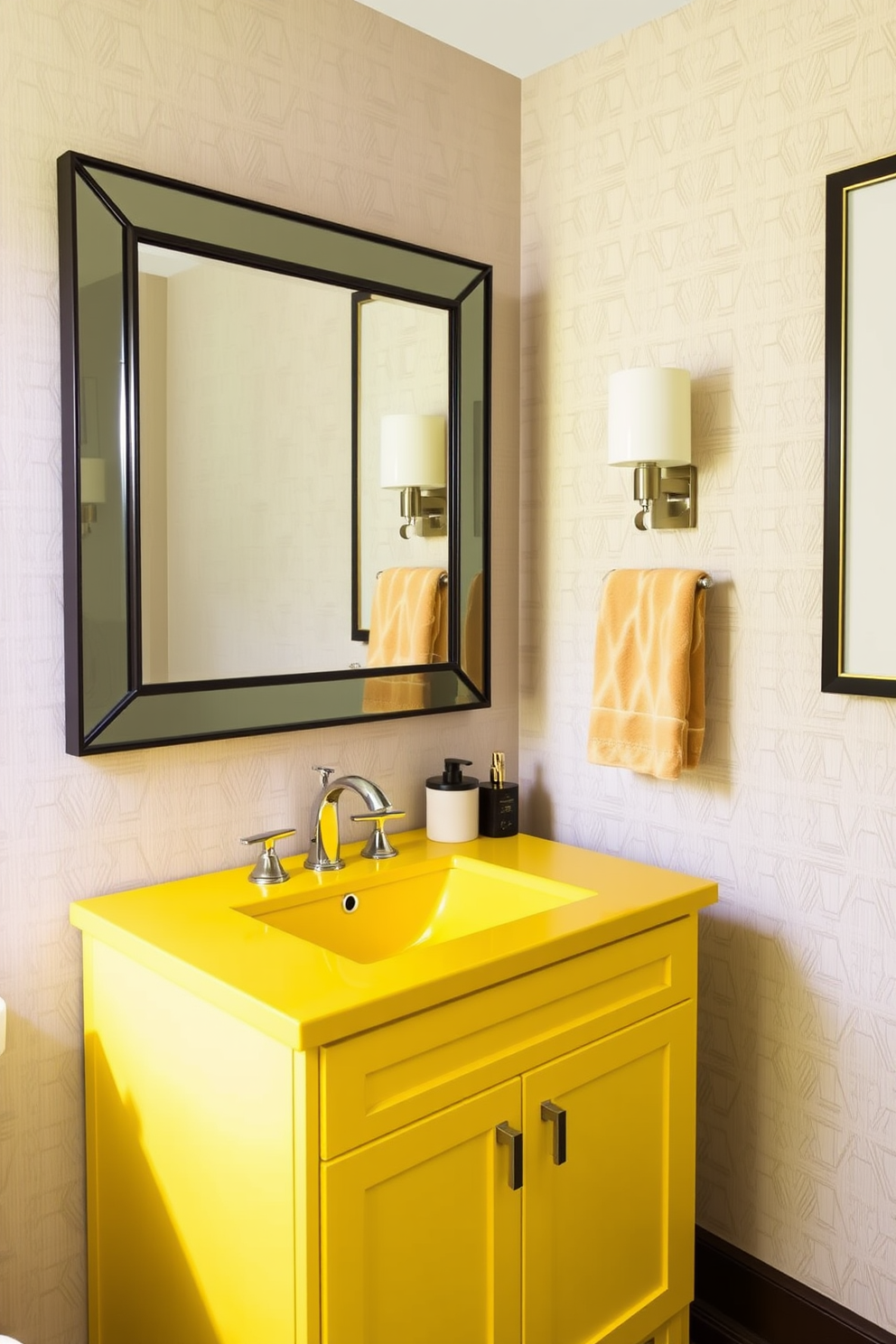 A vibrant powder room featuring bold yellow artwork adorning the walls. The space is accented with sleek gold fixtures and a modern pedestal sink, creating a lively yet elegant atmosphere.