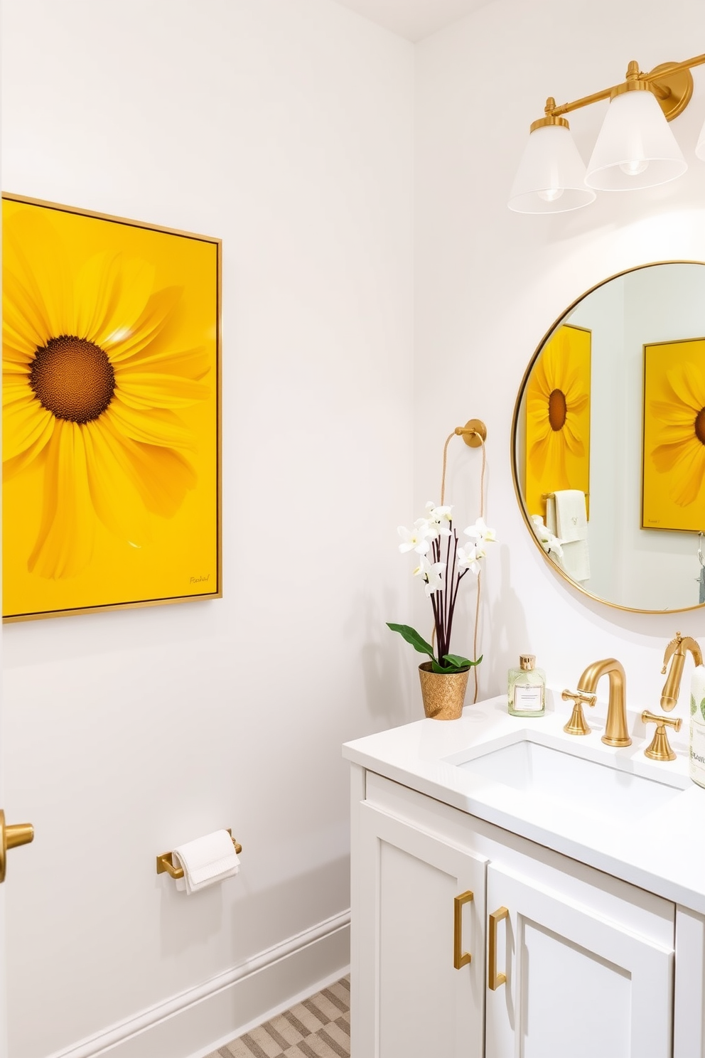 A bright and cheerful powder room features a sunny yellow shower curtain adorned with playful patterns. The walls are painted in a soft white, creating a fresh and inviting atmosphere. A sleek pedestal sink is complemented by a round mirror with a simple frame. Decorative accents in varying shades of yellow and gold enhance the overall warmth of the space.