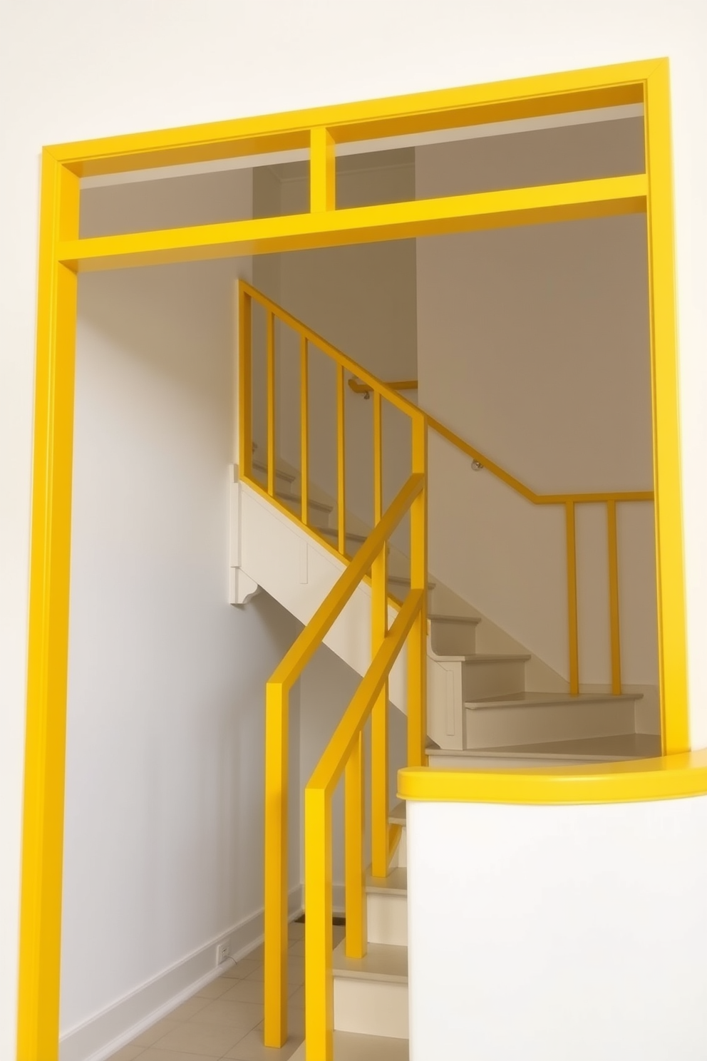 A bright yellow staircase features painted risers that create a vibrant contrast against the natural wood treads. The handrail is a sleek black metal, providing a modern touch to the lively color scheme.