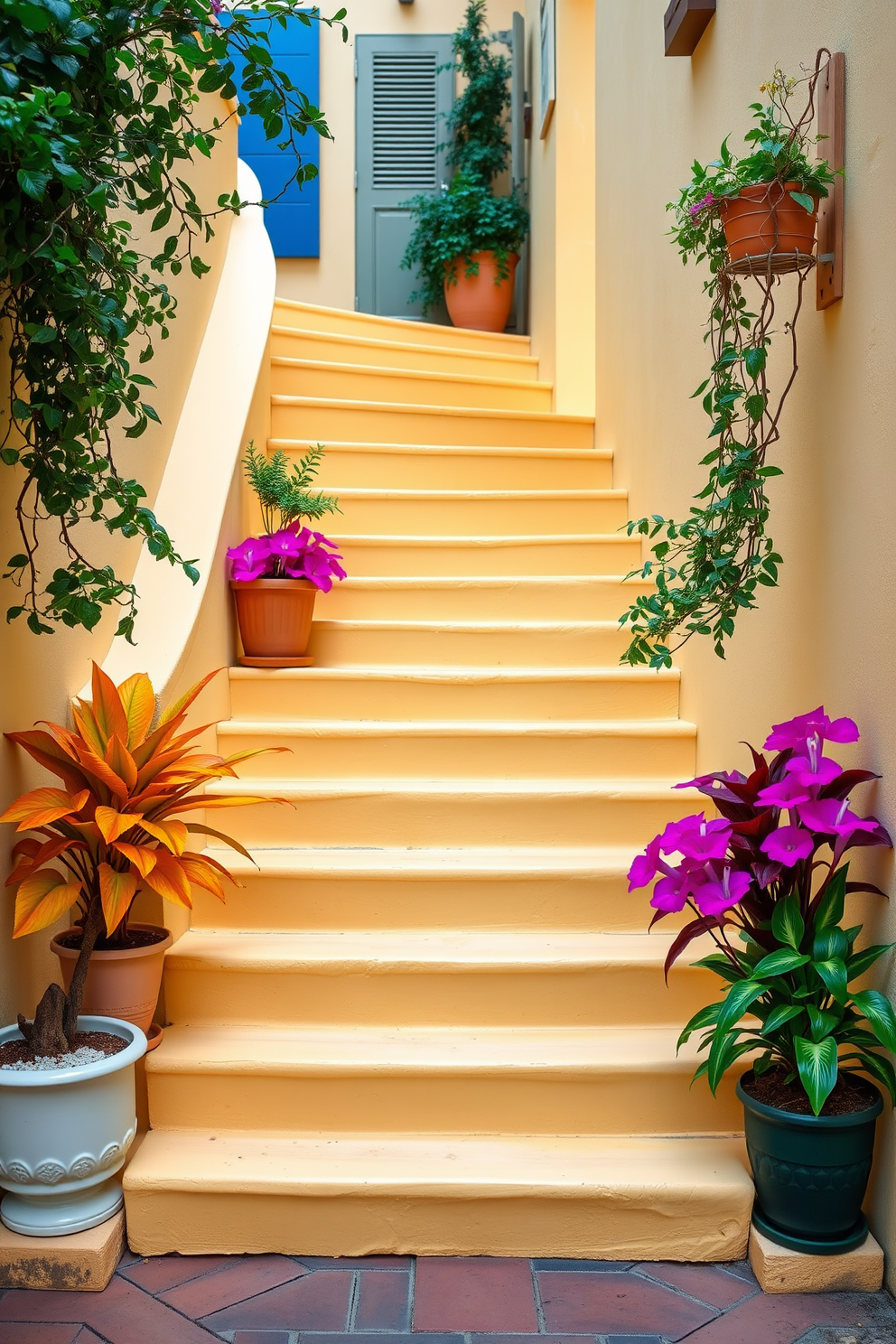 A charming pastel yellow staircase features soft, inviting steps that create a warm ambiance. Flanking the staircase are vibrant potted plants that add a touch of greenery and life to the design.