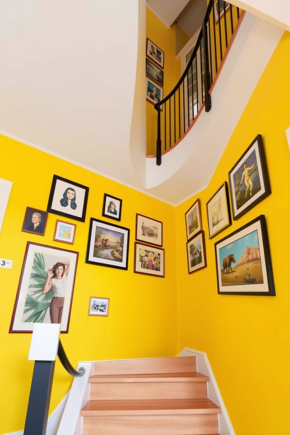 Bright yellow walls create a vibrant and cheerful atmosphere, adorned with a curated selection of artwork that adds personality and charm. The staircase features a sleek design with wooden steps and a modern railing, seamlessly integrating functionality and style.