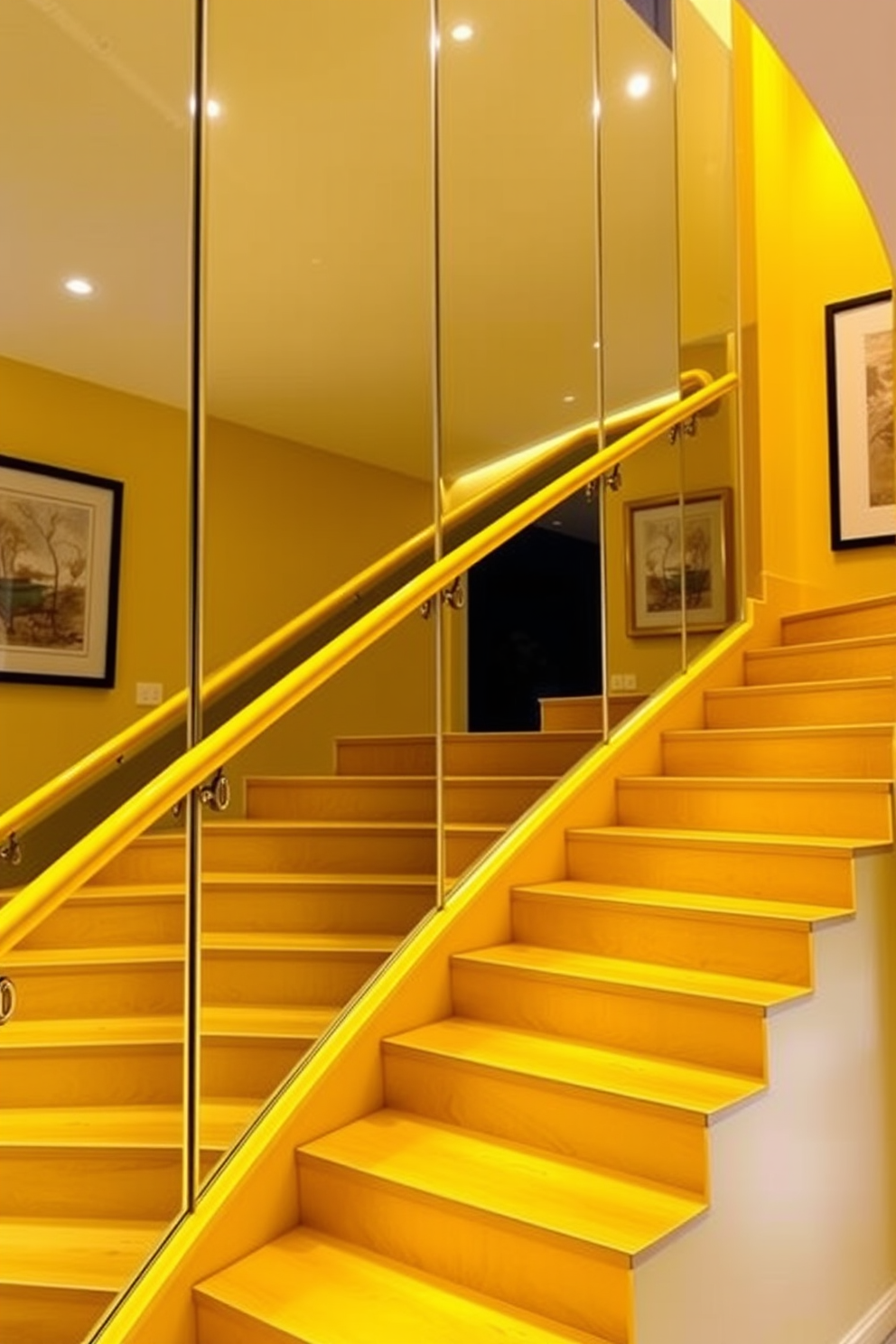 A stunning yellow staircase features mirrored wall panels that reflect the vibrant color and enhance the sense of space. The staircase is adorned with elegant handrails and complemented by soft, ambient lighting that highlights the unique design. The steps are finished in a smooth wood that contrasts beautifully with the yellow, creating a warm and inviting atmosphere. Decorative artwork hangs on the mirrored walls, adding a touch of sophistication and personality to the overall design.