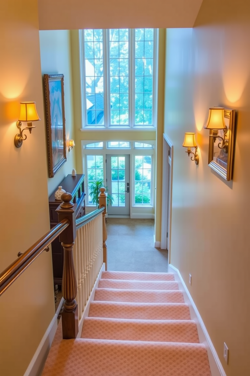 A soft butter yellow staircase is illuminated by warm lighting that creates a welcoming ambiance. The walls are adorned with elegant artwork, and the handrail features intricate wooden detailing that complements the overall design. The staircase itself is carpeted with a plush runner that adds comfort and style. Large windows allow natural light to filter in, enhancing the cheerful yellow tones throughout the space.