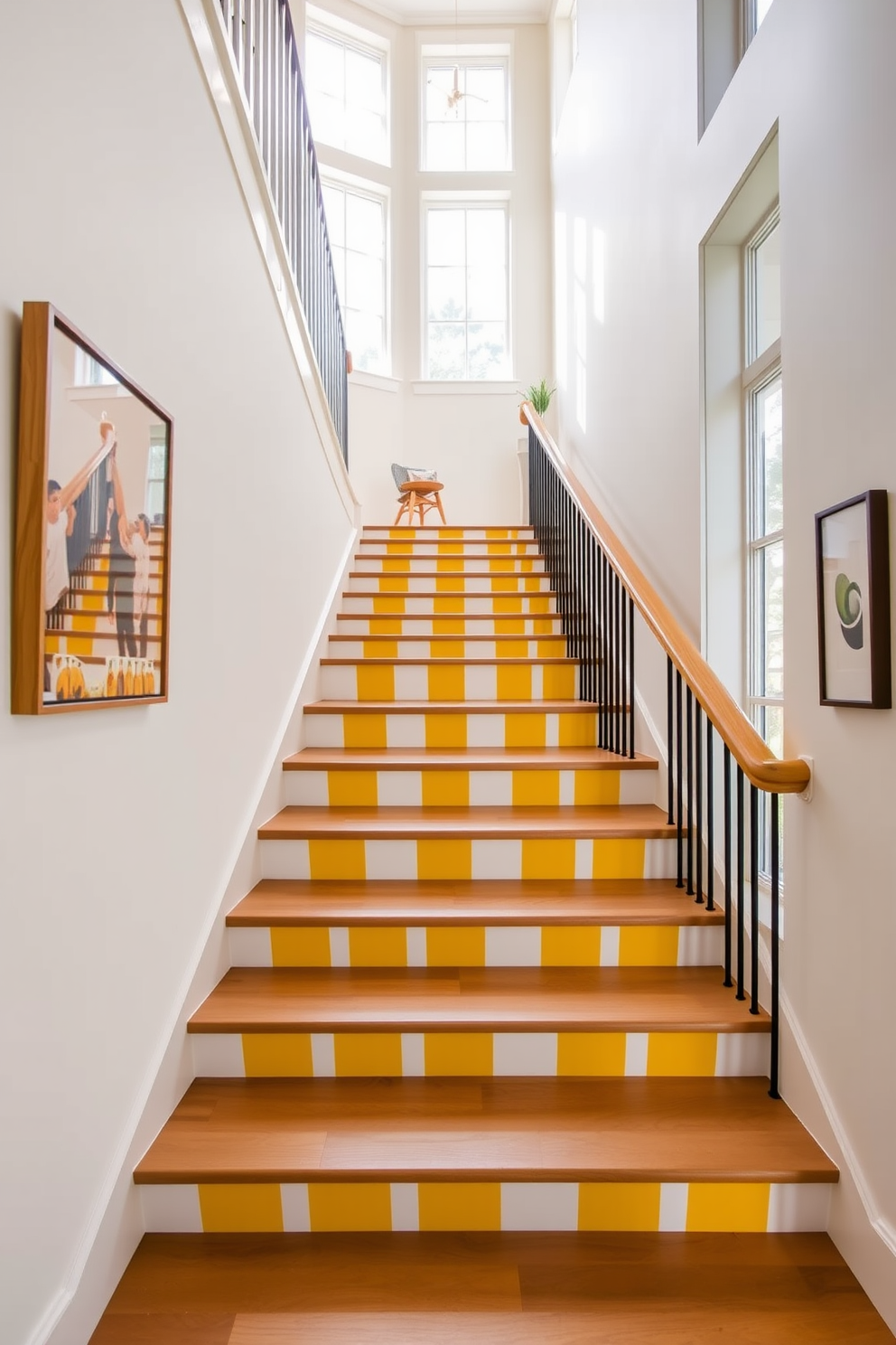 A stunning two-tone yellow staircase features a vibrant yellow railing that contrasts beautifully with the light wood steps. Natural light floods the space, highlighting the warm tones and creating an inviting atmosphere. The staircase is adorned with sleek metal accents that enhance its modern aesthetic. A stylish runner rug in complementary hues adds texture and comfort underfoot.