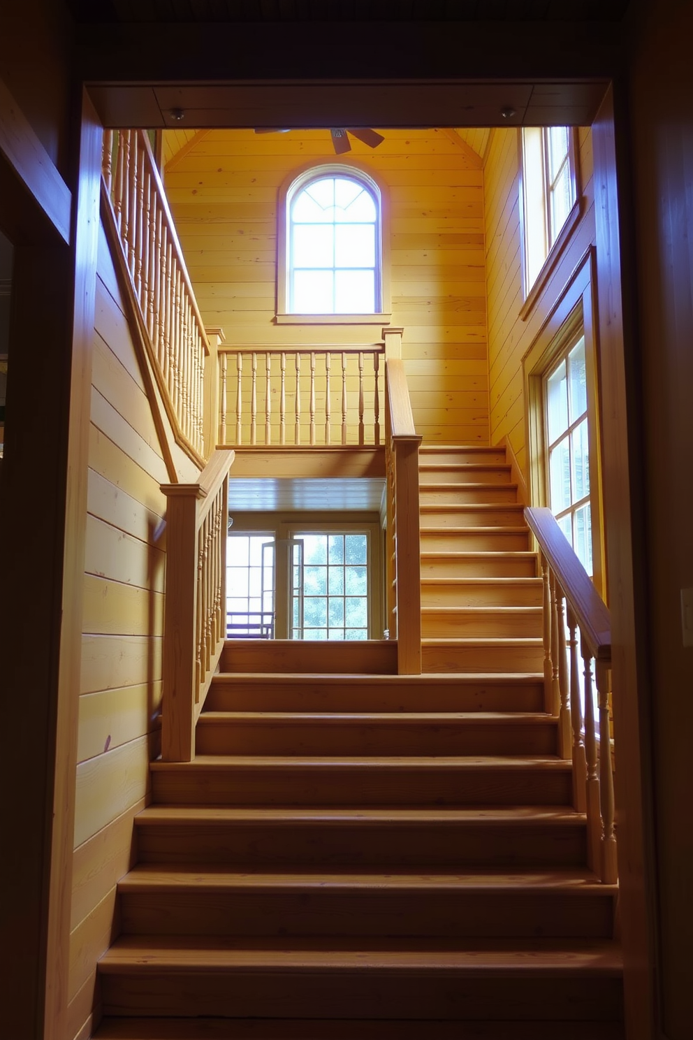 A rustic yellow wood staircase with elegant railings leads to an inviting upper level. The warm tones of the yellow wood create a cozy atmosphere, complemented by soft lighting that highlights the natural grain of the stairs.