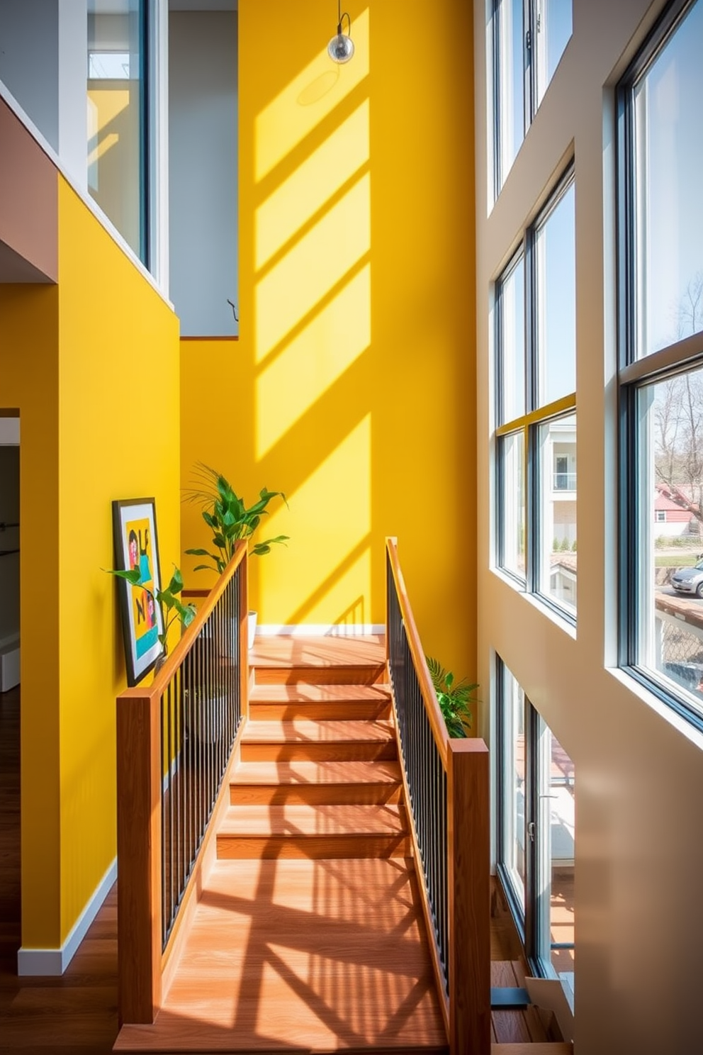 Bright yellow steps lead up to a modern landing, creating a vibrant focal point in the entryway. The contrasting black handrails provide a sleek and stylish touch, enhancing the overall aesthetic of the staircase. Natural light floods the space, highlighting the cheerful hue of the yellow staircase. Surrounding walls are painted in a soft white, allowing the bold color to stand out even more.