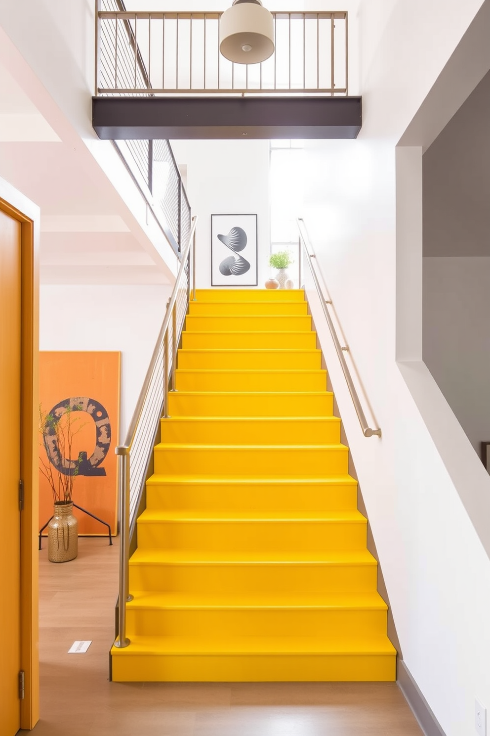 A bright yellow staircase ascends gracefully, adorned with vibrant artistic murals that capture the eye. Each step showcases a unique design, creating a lively atmosphere that invites creativity and warmth. The walls flanking the staircase are painted in a complementary soft white, allowing the yellow and mural colors to pop. Elegant lighting fixtures hang above, illuminating the space and highlighting the stunning artwork.