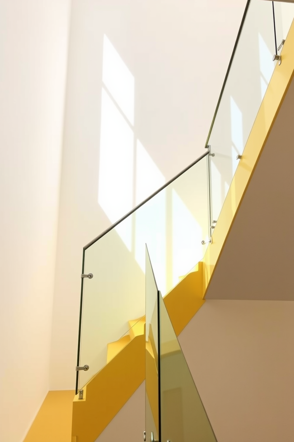 A bright and inviting staircase bathed in sunlight features a sleek glass railing that enhances the airy feel of the space. The walls are painted in a soft white, complementing the cheerful yellow of the staircase and creating a warm and welcoming atmosphere.