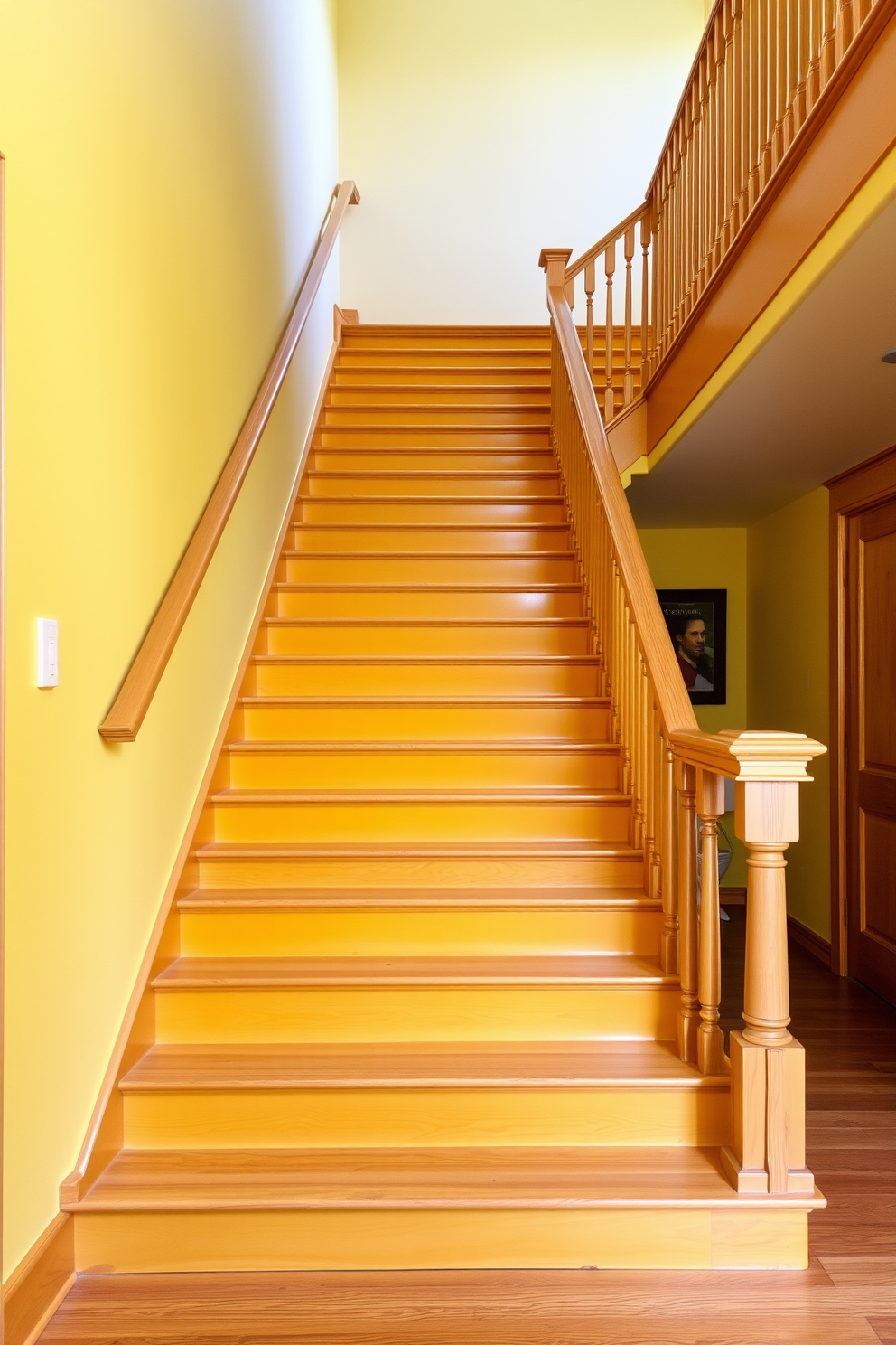 A stunning golden yellow staircase ascends gracefully, featuring natural wood railings that complement the vibrant color. The steps are wide and inviting, creating a warm and welcoming atmosphere in the entryway.