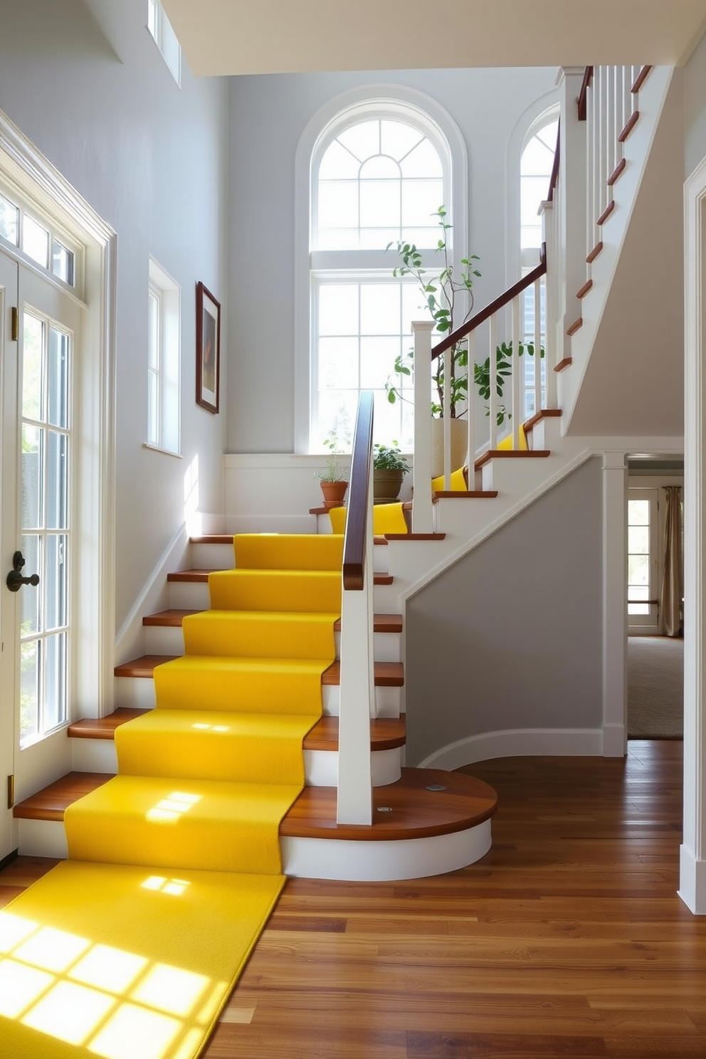 A bright and cheerful staircase featuring a sunshine yellow runner carpet that elegantly contrasts with the wooden steps. The walls are adorned with light gray paint, enhancing the overall brightness of the space while providing a modern touch. Natural light floods the area through large windows, creating a warm and inviting atmosphere. Decorative elements like potted plants on the landing and framed artwork add personality and charm to the staircase design.