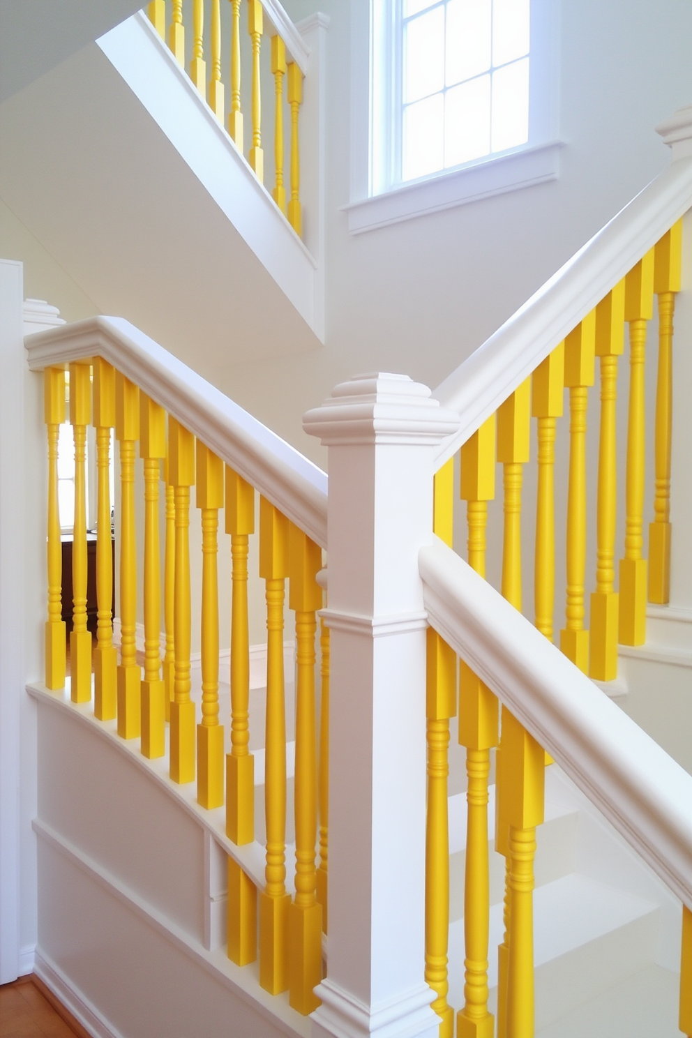 Sunny yellow stairs create a vibrant focal point in any home. The staircase features a unique design with playful geometric patterns painted on the risers, adding an element of fun to the space. Natural light floods the area, highlighting the cheerful hue of the yellow. Surrounding the staircase, potted plants in varying shades of green provide a refreshing contrast and enhance the lively atmosphere.